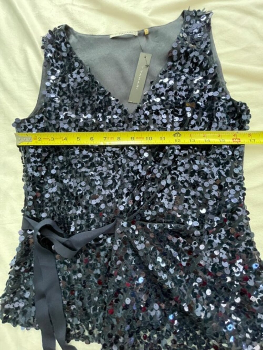 T Tahari Sleeveless Top Women's Sequined V-Neck Tie Accents, Blue Sequins,Size S - Picture 6 of 7